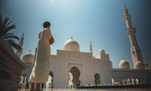 man standing near white mosque