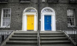 Two Closed Yellow and Blue Doors